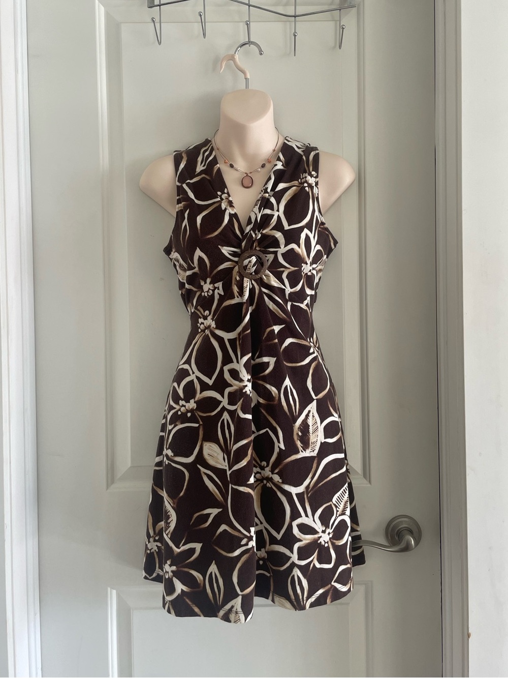 Jones New York Brown and Cream Floral Ring-Front Mini Dress